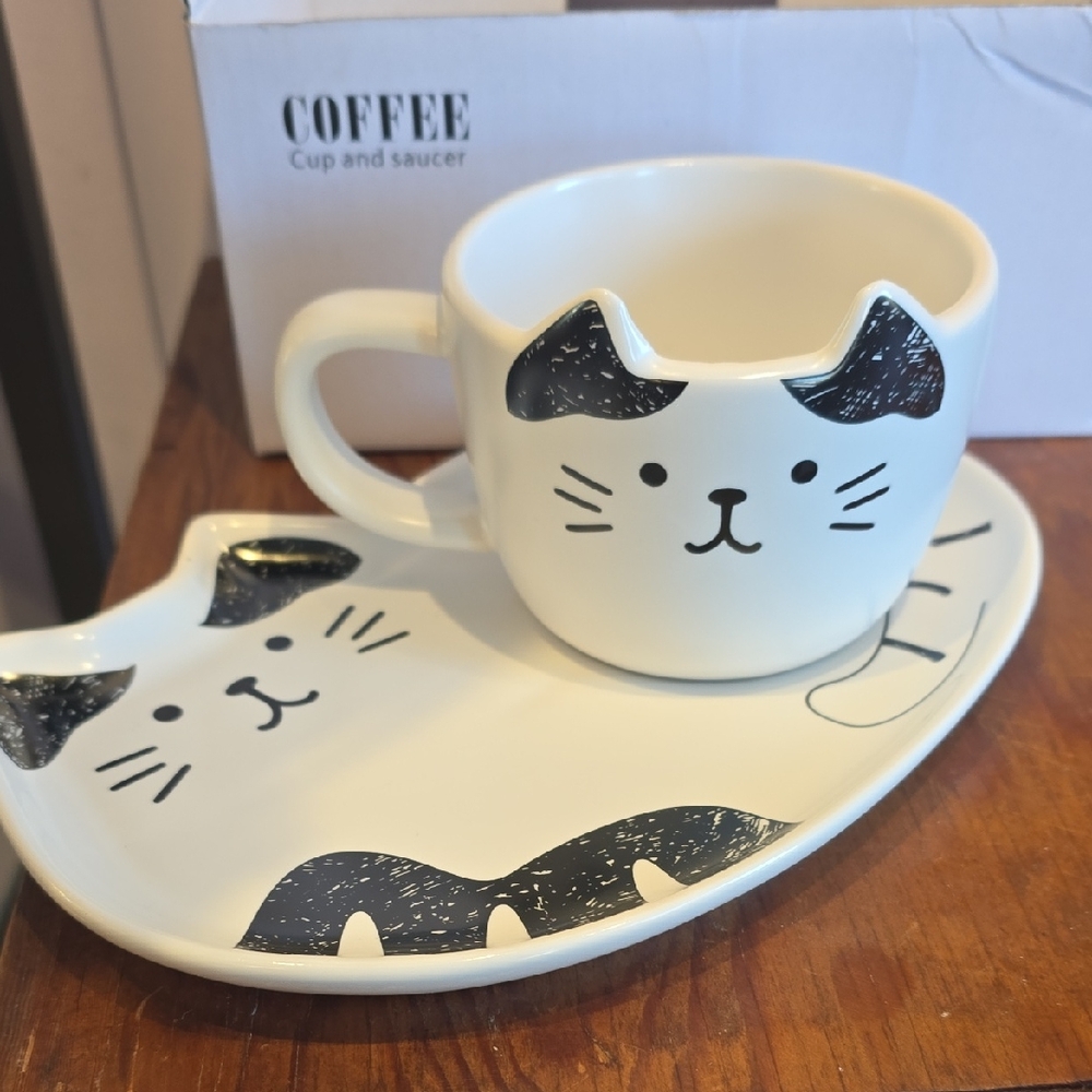 Brand New! Cat-Themed Coffee Cup and Saucer Set - Black and White